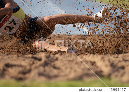 Woman athlete jumping long jump landing in sandpit Woman athlete jumping long jump landing in sandpit 43993457
