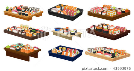 Flat vector collection of plates with sushi rolls. Traditional Asian food. Japanese cuisine 43993976