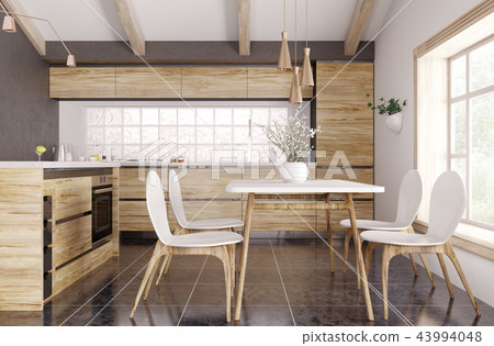 Modern wooden kitchen interior 3d rendering 43994048