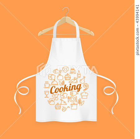 Realistic Detailed 3d White Kitchen Apron with Wooden Clothes Hanger. Vector 43994141