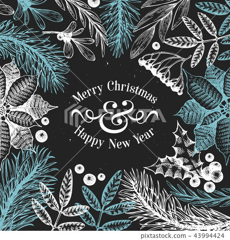 Greeting Christmas card in vintage style. Vector hand drawn illustrations on chalk board. Frame with 43994424