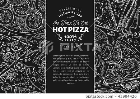 Italian pizza and ingredients frame. Italian food banner design template. Vintage hand drawn vector Italian pizza and ingredients frame. Italian food banner design template. Vintage hand drawn vector 43994426