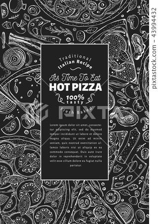 Italian pizza and ingredients frame. Italian food banner design template. Vintage hand drawn vector 43994432