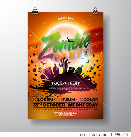 Halloween Zombie Party flyer illustration with cemetery and mysterious moon on orange background Halloween Zombie Party flyer illustration with cemetery and mysterious moon on orange background 43996345