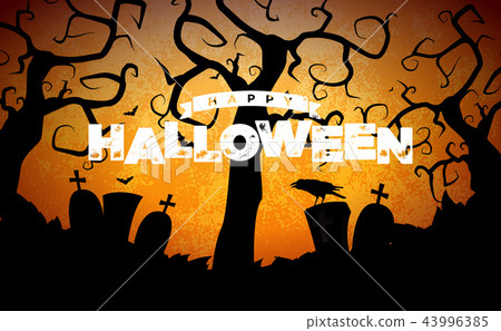 Happy Halloween banner illustration with cemetery and crow on blue orange sky background. Vector 43996385