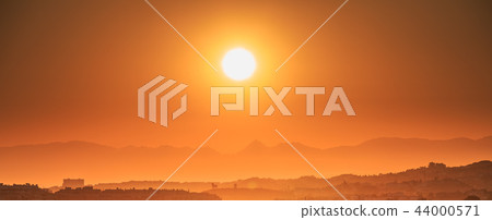Andalusia, Spain. Sunrise Above Summer Landscape With Dark Silho 44000571