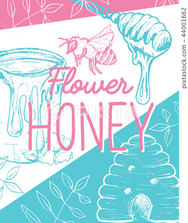 Isolated Honeycomb Sketched Poster with Bees and Honey 44001662