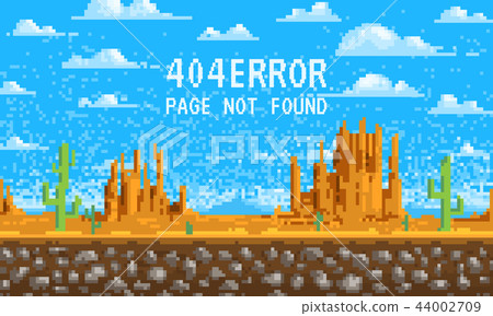 404 error page. not found. Landscape background, pixel art, 8-bit game digital vintage style for web 44002709