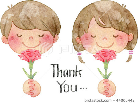 [Mother's Day] Watercolor illustration of smiling children holding carnations (with handwritten "Thank you" text) 44003442