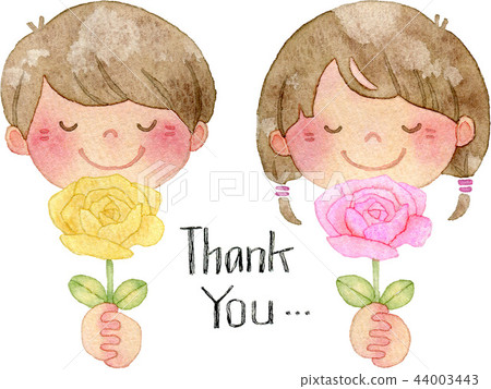 【母親節/父親節】微笑的孩子拿著玫瑰花的水彩插圖（附有手寫的感謝信） 44003443