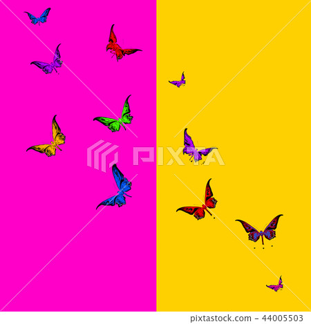 Swarm of colored butterflies silhouettes. 44005503
