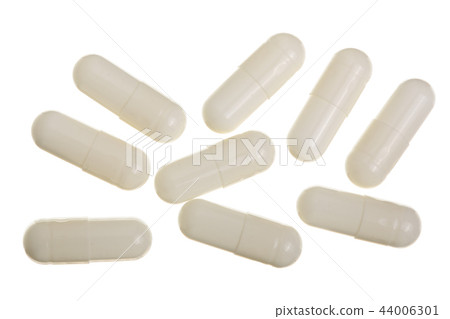white pill capsule isolated on white background. Top view. Flat lay 44006301