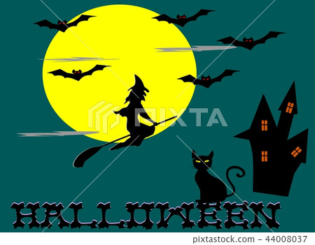 Witches riding brooms,moon,bat,cat,castle, Hallowe 44008037