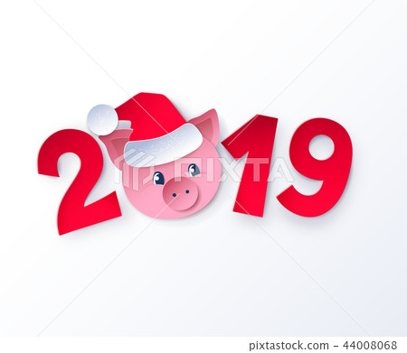 New Year cute piggy face in Santa hat New Year cute piggy face in Santa hat 44008068