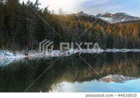 Alpine forest and snowy Alps near Eibsee lake 44010010