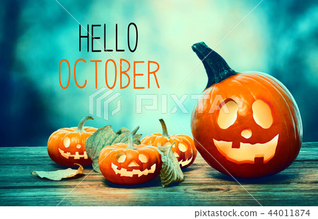 Hello October with pumpkins at night 44011874