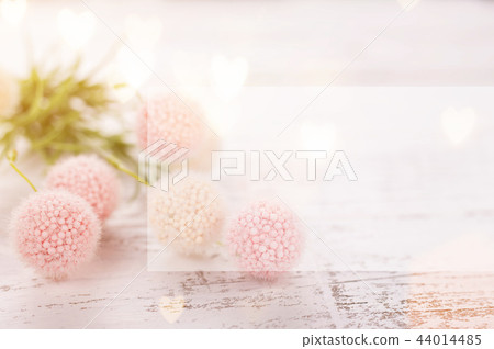 Flowers composition for Valentine's, Mother's or Women's Day. Pink flowers on old white wooden background. 44014485