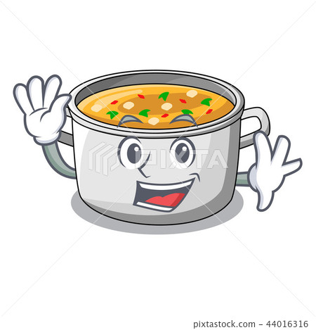 Waving cartoon chicken soup pot for dinner Waving cartoon chicken soup pot for dinner 44016316