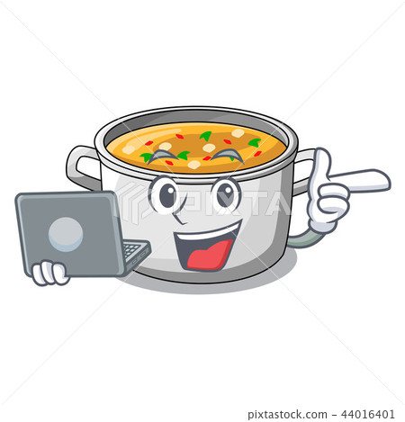 With laptop vegetable soup with pasta in pot cartoon With laptop vegetable soup with pasta in pot cartoon 44016401