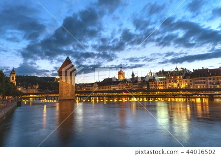 Lucerne (Luzern) Switzerland, Chapel Bridge sunset 44016502