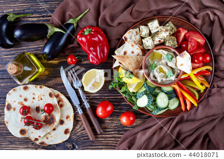 Vegetarian Baba ganoush with vegetables, top view 44018071