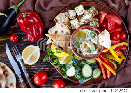 Top view baba ganoush and fresh vegetables Top view baba ganoush and fresh vegetables 44018072
