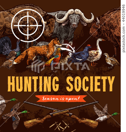 Hunting open season poster, animals and birds Hunting open season poster, animals and birds 44019946