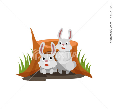 Two little white rabbits sitting in the hole vector Illustration on a white background 44021350