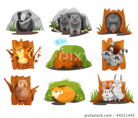 Cute animals sitting in burrows and hollows set, badger, wolves cubs, hedgehog, squirrel, bear cub 44021495