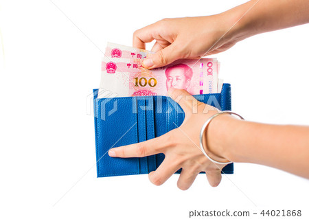 Female taking out Chinese yuan out of wallet Female taking out Chinese yuan out of wallet 44021868