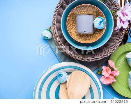 Tableware dish set on blue pastel background 44022815