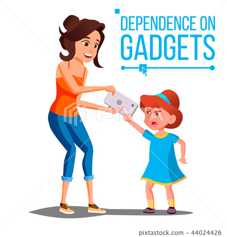 Children s Gadget Dependence Vector. Mother Takes Smartphone From Daughter. Parental Upbringing 44024426