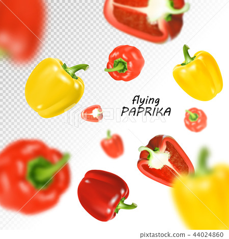 Isolated flying vegetables. Falling sweet red and yellow paprika isolated on transparent background 44024860