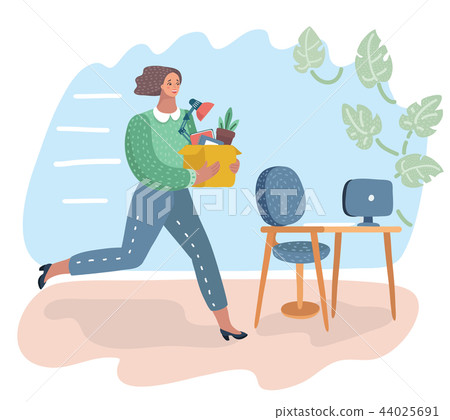 Woman holding a box with hand offering a new job. 44025691