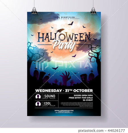 Halloween Party flyer vector illustration with zombie hands and flying bats on mysterious moon 44026177