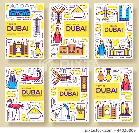 Dubai vector brochure cards thin line set. Country travel template of flyear, magazines, posters Dubai vector brochure cards thin line set. Country travel template of flyear, magazines, posters 44026809