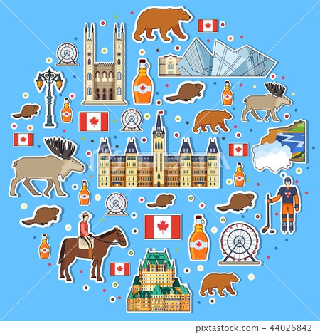 Country Canada travel vacation places and features circle. Set of architecture, fashion, people 44026842