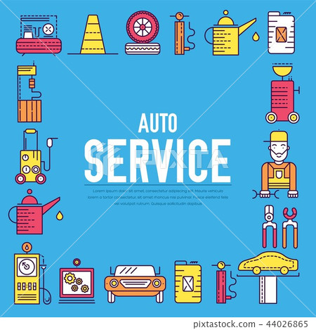 auto service with text concept. Thin line icons with flat background design. Worker mechanic repairs 44026865