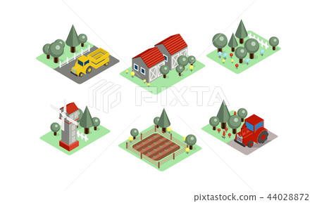 Vector set of isometric farm icons. Tractors,... - Stock Illustration ...