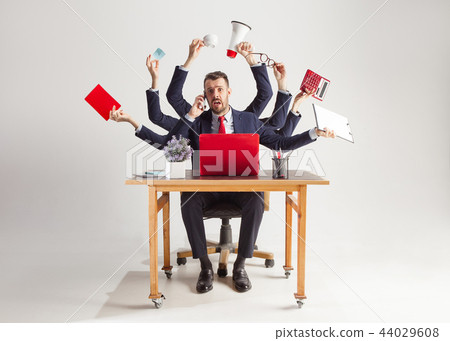 businessman with many hands in elegant suit working with paper, document, contract, folder, business 44029608