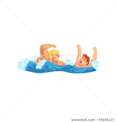 Male lifeguard saving a drowning man, professional rescuer on duty vector Illustration on a white 44030225