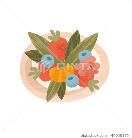 Appetizing salad with ripe summer berries and green leaves. Sweet and healthy food. Flat vector with 44030375