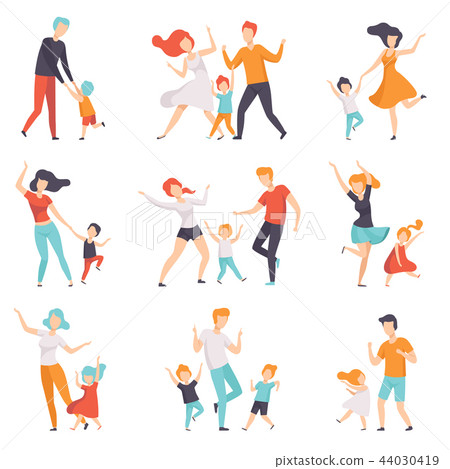 Parents dancing with their children set, kids having good time with their dads and moms vector 44030419