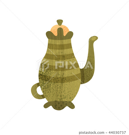Vintage teapot with lid, long snout and small handle. Old ceramic utensil. Flat vector ico with Vintage teapot with lid, long snout and small handle. Old ceramic utensil. Flat vector ico with 44030737