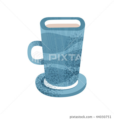 Big blue cup for tea and coffee. Ceramic mug with small saucer. Pottery vessel for hot drinks. Flat 44030751