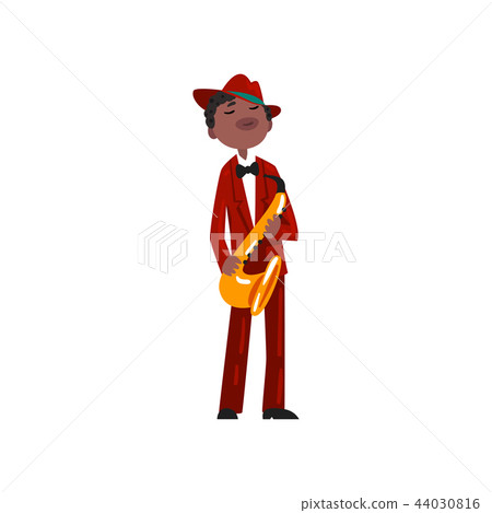 Male African American musician in red elegant suit and hat playing saxophone vector Illustration on 44030816