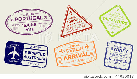 Creative vector illustration of international business travel visa passport stamp set isolated on 44030818