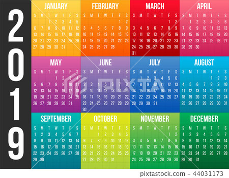 Creative vector illustration of 2019 year colorful calendar isolated on transparent background. Art Creative vector illustration of 2019 year colorful calendar isolated on transparent background. Art 44031173