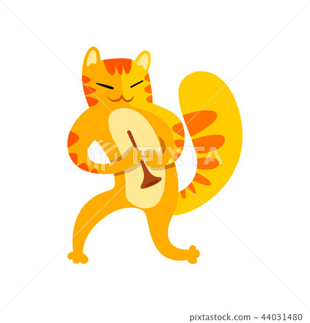 Cat playing the trumpet, cute musician animal… - Stock Illustration