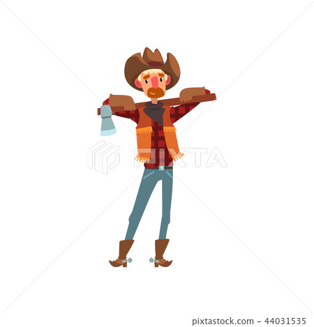 Cowboy in traditional clothes standing with axe, western cartoon character vector Illustration on a 44031535